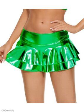 Metallic Mini Skirt Double Layered Ruffle Skater Skirt Rave Festival Costume
